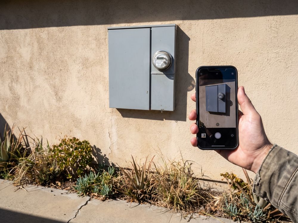 A hand holding a phone up to photograph a gray electrical panel and meter on a beige stucco wall, with succulents along the base of the wall