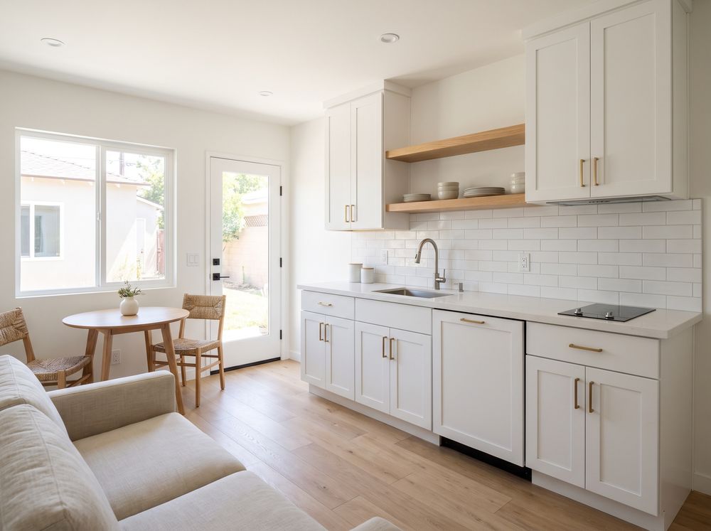 A converted bedroom with a built-in kitchenette of white shaker cabinets, a cooktop set into a quartz counter, a small table with two chairs, a sofa and a glass door to the side yard