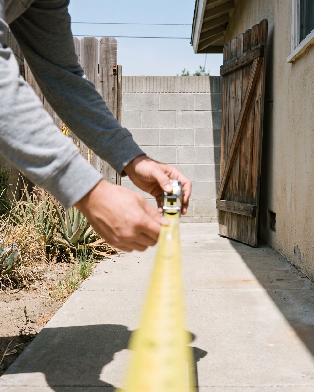Two hands pulling a tape measure along a concrete side yard toward a cinderblock wall, beside a stucco house and an open wooden gate